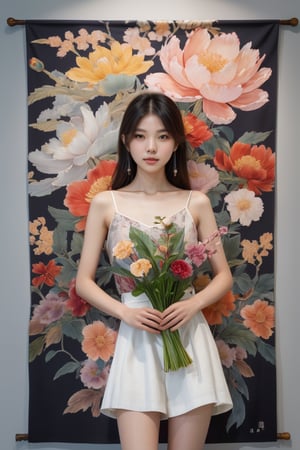 The inspiration for the art exhibition poster is Kei Mieno, a beautiful young Taiwanese girl. In the gallery. A tapestry hangs on the front wall. Look at us. He is standing. We see the woman's entire body. There is a vase and flowers next to it. Gray walls. There is cinematic lighting.,sexytoto1485712
