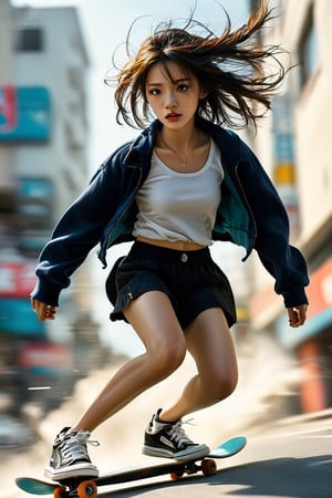 1Girl,(low angle shot:1.5),
The illustration depicts a spirited girl with a confident stance, her hair flowing behind her as she effortlessly maneuvers her skateboard. With determination in her eyes and a hint of a smile on her lips, she tackles the urban landscape with skill and grace. The low-angle perspective adds a sense of drama and dynamism to the scene,newhorrorfantasy_style,action shot,xxmix_girl,sexyling54894416,sexymaga16235082