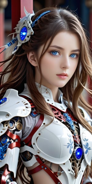 beautiful Anime girl with blue eyes and wavy long hair, front_view, masterpiece, best quality, photorealistic, raw photo, (1girl, looking at viewer), long hair, mechanical white armor, intricate armor, delicate blue filigree, intricate filigree, red metalic parts, detailed part, dynamic pose, detailed background, dynamic lighting,robot,LinkGirl,Insta Model,,sexysarah5348437