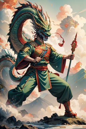 dragon-themed, dragon scale, mesmerizing watercolor paint,  Chinese military general Guan Yu, comic style, complex background, chinese element, cloud,holding a Lance in his right hand, attack pose, bloody battlefield background