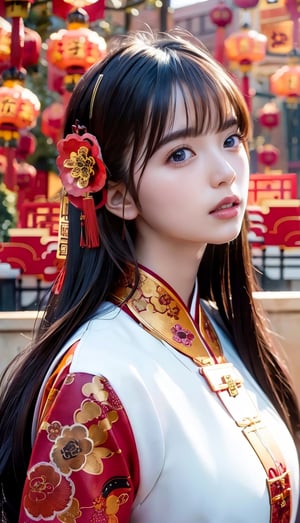 (masterpiece, top quality, best quality, official art, beautiful and aesthetic:1.2), hdr, high contrast, wideshot, 1chinese girl, long straight black hair with blunt bangs, looking at viewer, light smile, clearly brown eyes, longfade eyebrow, soft make up, ombre lips, hourglass body, large breast, (chinese new year theme:1.5), finger detailed, background detailed, ambient lighting, extreme detailed, cinematic shot, realistic ilustration, (soothing tones:1.3), (hyperdetailed:1.2),nanase_nishino,asuka_saito