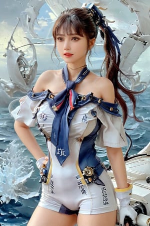Ethereal and beautiful Taiwanese girl, high ponytail, long hair, mechanical battle suit, sailor collar, tie, off-shoulder, sleeveless, bright eyes, rich expression, beautiful long legs, close-up, perfect busty model figure, masterpiece , best quality, official art, Impasto art style, art_booster,sexylala49407520