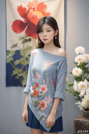 The inspiration for the art exhibition poster is Kei Mieno, a beautiful young Taiwanese girl. In the gallery. A tapestry hangs on the front wall. Look at us. He is standing. We see the woman's entire body. There is a vase and flowers next to it. Gray walls. There is cinematic lighting.,sexytoto1485712