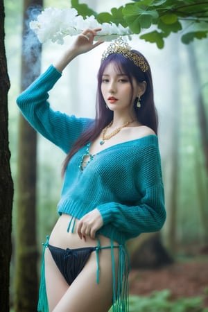  photorealistic,portrait of hubggirl, 
(ultra realistic,best quality),photorealistic,Extremely Realistic, in depth, cinematic light,

sweater,hubggirl,perfect hands, Exquisite features,Beautiful and moving,Glamorous,Flowing hair,Smoke,mist surrounds the attractive figure,hubg_jsnh, A misty forest, A sexy figure,Long,floating hair,big hair,hair strand, 

flat abdomen, crystal_earrings,headwear,
clover_hair_ornament,jewelry_necklace,tassel,arm_garter,pendant,

perfect hands,perfect lighting, vibrant colors, intricate details, high detailed skin, pale skin, intricate background, taken by Canon EOS,SIGMA Art Lens 35mm F1.4,ISO 200 Shutter Speed 2000,Vivid picture,sexyling54894416