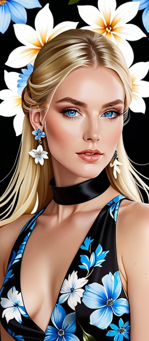 Generate hyper realistic image of a woman with long blonde hair adorned with a delicate hair flower. Her piercing blue eyes gaze directly at the viewer, accentuated by elegant earrings and a subtle choker. She wears a floral-print dress, complemented by exquisite jewelry that includes a necklace and a black choker. With closed lips, she exudes an air of grace and poise, framed by a background adorned with blooming flowers.sexysarah5348437