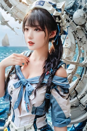 Ethereal and beautiful Taiwanese girl, high ponytail, long hair, mechanical battle suit, sailor collar, tie, off-shoulder, sleeveless, bright eyes, rich expression, beautiful long legs, close-up, perfect busty model figure, masterpiece , best quality, official art, Impasto art style, art_booster,sexyqni58919407,sexyling54894416