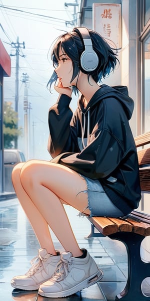 (masterpiece, high quality, 8K, high_res), 
a girl sits on a bench in the rain and looks at the sky, dressed in a sweatshirt, jeans and sneakers, headphone wires are visible, the image conveys the mood of melancholy thoughtfulness, impasse, doubt. Watercolor painting technique, ultra detailed, beautiful,
inspired by  Makoto Shinkai and Toshihiro Kawamoto