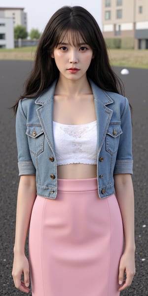 "(Top quality, 8K, high resolution, Artwork: 1.2), Highly detailed, (Realistic, Photorealistic, photo-realistic: 1.37), Portrait, 25 year old woman, wearing a white see through t-shirt that allows you to see a downblouse under a denim top jacket and a pink medium long adjusted pencil skirt, striking black eyes, soft shag black hairstyle, ghost town setting, calm atmosphere, professional photography, frontal picture 