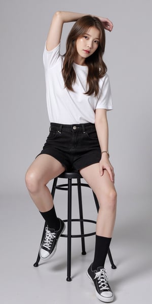 1girl, solo, long hair, skirt, brown hair, shirt, black hair, sitting, full body, white shirt, short sleeves, shoes, shorts, socks, black skirt, arm up, chair, denim, black socks, t-shirt, sneakers, arm behind head, realistic, stool