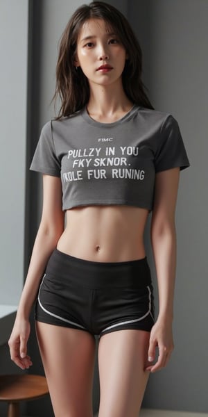 "(Top quality, 8K, high resolution, Artwork: 1.2), Highly detailed, (Realistic, Photorealistic, photo-cinematic: 1.37),  18 year old woman, modelling running shorts, wearing a tight t-shirt. full shot, posing for a photoshoot, thigh gap