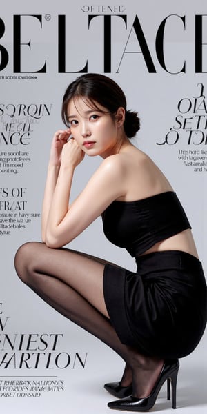 "(Top quality, 8K, high resolution, Artwork: 1.2), Highly detailed, (Realistic, Photorealistic, photo-realistic: 1.37) A high-fashion magazine cover featuring a full shot, long-body shot of a beautiful Korean female model with an enhanced bust size, confidently posing with elegance. Her sharp yet graceful facial features are highlighted, and she wears a shoulderless short pencil skirt dress with thigh high stockings while maintaining a sophisticated and polished look. The background is a neutral gray with professional, magazine-quality lighting that enhances her photorealistic skin texture.

Across the cover, bold and stylish magazine text is displayed, including the title in elegant font:

**"Beauty Magazine"** at the top. Other headlines include:

**"Fashion Forward: The Future of Elegance

**"Secrets to Confidence and Style"**

**"Model of the Year: Promise to make you hard"**

The overall composition combines high-end fashion photography with captivating headlines that frame the model's pose, drawing attention to her beauty and presence. The cover reflects sophistication, confidence, and modern fashion, with the FuturEvoLabBeautify aesthetic enhancing the visual impact. Lee ji eun, backside profile picture, squatting, 