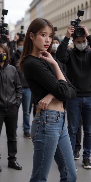 "(Top quality, 8K, high resolution, Artwork: 1.2), Highly detailed, (Realistic, Photorealistic, photo-realistic: 1.37),  18 year old woman, wearing tight jeans and adjusted long shirt , striking black eyes, street setting, sensual atmosphere, professional photography, squat position, back side medium close-up ,provocative, (VPL: 1.8) surrounded by people wearing covid masks and behind their cameras, she's standing, blushing and sweaty ,long hairstyle, flash lights on her body, thin, flat body, arms crossed under the knockers