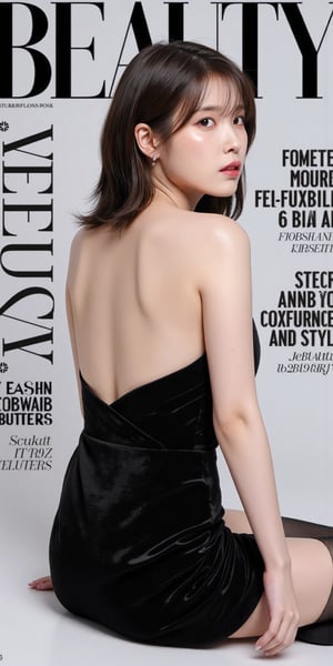 "(Top quality, 8K, high resolution, Artwork: 1.2), Highly detailed, (Realistic, Photorealistic, photo-realistic: 1.37) A high-fashion magazine cover featuring a full shot, long-body shot of a beautiful Korean female model with an enhanced bust size, confidently posing with elegance. Her sharp yet graceful facial features are highlighted, and she wears a shoulderless short pencil skirt dress with thigh high stockings while maintaining a sophisticated and polished look. The background is a neutral gray with professional, magazine-quality lighting that enhances her photorealistic skin texture.

Across the cover, bold and stylish magazine text is displayed, including the title in elegant font:

**"Beauty Magazine"** at the top. Other headlines include:

**"Fashion Forward: The Future of Elegance

**"Secrets to Confidence and Style"**

**"Model of the Year: Promise to make you hard"**

The overall composition combines high-end fashion photography with captivating headlines that frame the model's pose, drawing attention to her beauty and presence. The cover reflects sophistication, confidence, and modern fashion, with the FuturEvoLabBeautify aesthetic enhancing the visual impact. Lee ji eun, backside profile picture, squatting, 