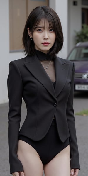 "(Top quality, 8K, high resolution, Artwork: 1.2), Highly detailed, (Realistic, Photorealistic, photo-realistic: 1.37), Portrait, 25 year old woman, wearing a tight bodysuit , striking black eyes, medium bob black hairstyle, ghost town setting, calm atmosphere, professional photography, frontal picture, thigh gap, IU