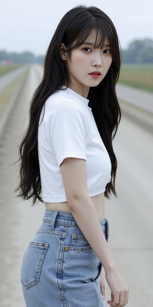 "(Top quality, 8K, high resolution, Artwork: 1.2), Highly detailed, (Realistic, Photorealistic, photo-realistic: 1.37), Portrait, 25 year old woman, in all fours, wearing a white short shirt, tight light blue jeans, striking black eyes, long black hair with bangs, ghost town setting, calm atmosphere, professional photography, side profile picture showing her backside