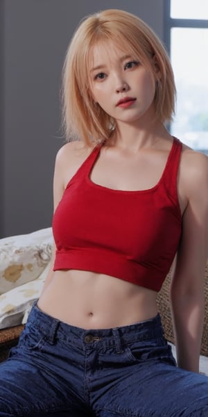 "(Top quality, 8K, high resolution, Artwork: 1.2), Highly detailed, (Realistic, Photorealistic, photo-realistic: 1.37),  18 year old woman, wearing a blue mary cosplay, tiny red top and tight blue jeans 