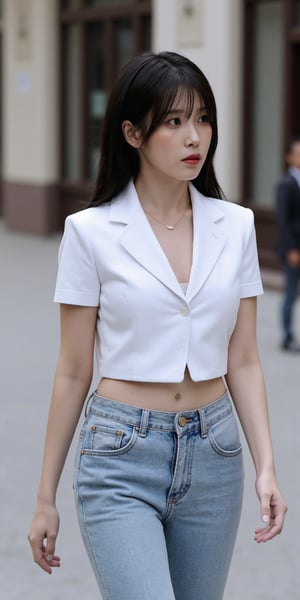 "(Top quality, 8K, high resolution, Artwork: 1.2), Highly detailed, (Realistic, Photorealistic, photo-realistic: 1.37), Portrait, 25 year old woman, walking, wearing a white short shirt, tight light blue jeans, striking black eyes, long black hair with bangs, ghost town setting, calm atmosphere, professional photography, picture taken from behind 