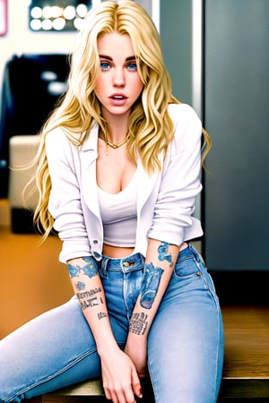 Justin Bieber as a beautiful cute young attractive  girl,
    girl, 20 years old, beautiful, Instagram model,
   Village girl wearing long blonde hair, sexy look,  jeans, high heels 