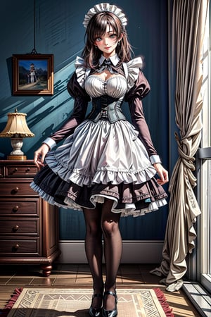 masterpiece,best quality,(fantasy:1.2), ((standing)), looking viewer,((1girl, solo)),(mature lady), (maid), (professional attire), (ultra detailed classy classic maid uniform:1.3), (corset:1.3),(maid apron:1.3),(layered skirt:1.3), (shortskirt(, (pin_heels), (black and white theme:1.3), (hourglass body), (colorful),(delicate eyes and face),volumatic light,ray tracing,bust shot,upper body, extremely detailed CG unity 8k wallpaper,solo,smile, sky,cloudy_sky,night,(antique theme:1.3),light,fantasy,windy,magic sparks,fantastic, steam, fog, smog, tea, antique house, fantasy theme, wind ,blowing hair, black long single bun hair, bangs, (drying laundry in the garden), ,maid,bg_imgs, black pantyhose, black tights