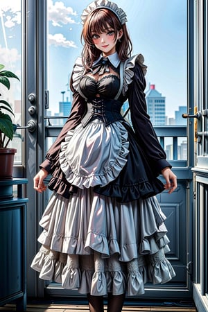 masterpiece,best quality,(fantasy:1.2), ((standing)), looking viewer,((1girl, solo)),(mature lady), (maid), (professional attire), (ultra detailed classy classic maid uniform:1.3), (corset:1.3),(maid apron:1.3),(layered skirt:1.3), (long skirt(, (pin_heels), (black and white theme:1.3), (hourglass body), (colorful),(delicate eyes and face),volumatic light,ray tracing,bust shot,upper body, extremely detailed CG unity 8k wallpaper,solo,smile, sky,cloudy_sky,night,(antique theme:1.3),light,fantasy,windy,magic sparks,fantastic, steam, fog, smog, tea, antique house, fantasy theme, wind ,blowing hair, black long single bun hair, bangs, (drying laundry in the garden), ,maid,bg_imgs, black pantyhose, black tights