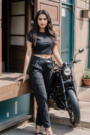 Indian geautiful woman 25 years age ,wearing black t-shirt and pant with a super bike  siting a table , very lookig  in indian actess Nora Fatehi and Sara Ali Khan , full_body, looking_at_viewer, standing in city, ,Indian,1woman, 