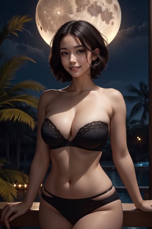 1girl, solo, black_hair, breasts, moon, short_hair, navel, tree, full_moon, looking_at_viewer, night, large_breasts, palm_tree, midriff, bare_shoulders, nature, lips, realistic, strapless, cleavage, pale_skin, colored_skin, tube_top, bandeau, outdoors, water