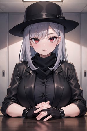 (masterpiece), best quality, high resolution, highly detailed, detailed background, perfect lighting, 1woman, long dark grey hair, long black leather blazer with black cotton turtleneck and black lips, black and grey scarf, black leather hat, black fingerless gloves, (cigarette:0.9), red eyes, moody, middle aged, youthful, mascara, make-up, big eyelashes, office, older woman