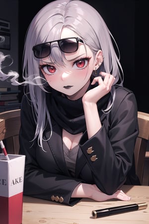 (masterpiece), best quality, high resolution, highly detailed, detailed background, perfect lighting, 1woman, long dark grey hair, long black leather blazer with black cotton turtleneck and black lips, black and grey scarf, black lipstick, black fingerless gloves, (cigarette:0.9), red eyes, moody, middle aged, youthful, mascara, make-up, big eyelashes, office, older woman, ash tray on table, cracked table, cracked wall, smoking, black_lips, long sleeves, sunglasses on forehead, dark room, intimidating womann, wrinkled skin, nose piercing