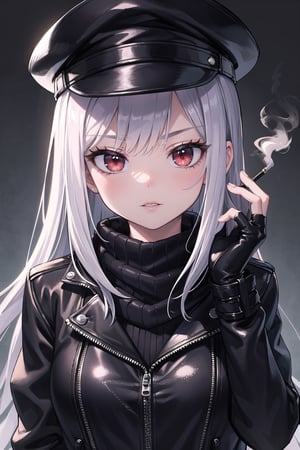 (masterpiece), best quality, high resolution, highly detailed, detailed background, perfect lighting, 1woman, long dark silver hair, long black leather jacket with black cotton turtleneck and black lips, black and grey scarf, black leather hat, black fingerless gloves, (cigarette:0.9), red eyes, moody, middle aged, mascara, make-up, big eyelashes