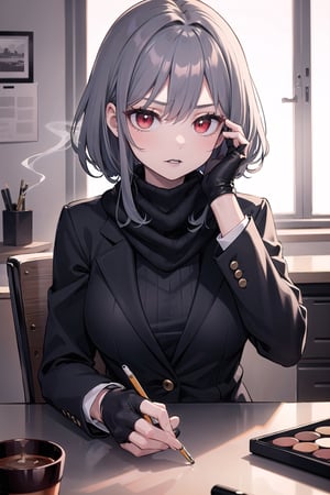 (masterpiece), best quality, high resolution, highly detailed, detailed background, perfect lighting, 1woman, long dark grey hair, long black leather blazer with black cotton turtleneck and black lips, black and grey scarf, black lipstick, black fingerless gloves, (cigarette:0.9), red eyes, moody, middle aged, youthful, mascara, make-up, big eyelashes, office, older woman, ash tray on table, cracked table, cracked wall, smoking, black_lips