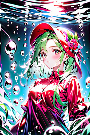 Highly Detailed, Highly Quality,Masterpiece,beatiful,  (medium long short),  1 girl,(eyes green, hair rose,  starw hat, red shirt, underwater, detailed background, air bubbles