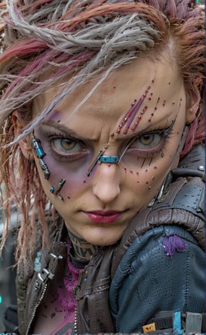 High detailed ,Highly Quality,Masterpiece,beatiful,Plan taille,1 girl, (Eyes looking at the camera, Right eye blue, Left eye red, Red hair with silver touches, Scar across right eye, Blue-purple leather jacket, cyberpunk glasses,cyberpunk