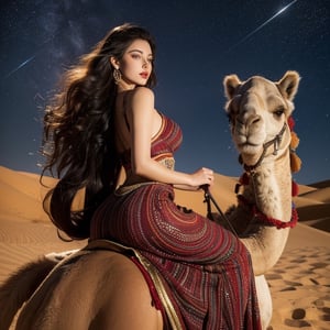   1girl,(big_breats),(big_ass),curly hair,clevage, red regacy dress,sexy high heels ,Starry Desert Stroll Imagine a beautiful woman riding a camel through the starlit desert. With long, black, curly hair and blue eyes, she wears an elegant red regency dress with a high waistline, accentuating her grace. Her enchanting blue eyes reflect the beauty of the star-filled desert night,morphism,symbolism,pointillism,psychedelic art,oil painting ,photorealistic,Nice legs and hot body
