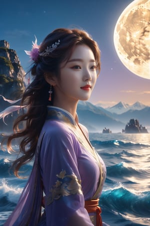 Best Quality, 8k, 32k, Masterpiece, UHD, background is a bright moon, wind, Beautiful, high qulity, cinematic colorgrade, Traditional Chinese elements, Blue sea, mountains, spindrift, Ripples spread out, High Renaissance, a girl, delicate face , off the shoulders, cleavage, smile looking viewer, (full body, soar into the air), wearing light purple clothing,