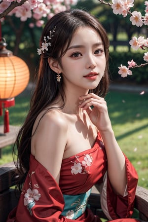 2girls, kpop idol, yae miko, bare shoulders, long hair, Chinese bikini qipao , best quality, (hair ornament:1.35), jewelry, earrings, cherry blossoms, lantern light, depth of field, detailed face, face focus, ribbon_trim, (looking at viewer:1.25), nontraditional miko, shiny skin, long sleeves, big smile , thick lips, game cg, hands on lips, (blurry background:1.2), sitting, upper body, Chinese style,perfect