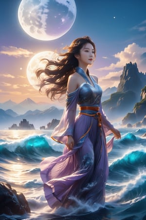 Best Quality, 8k, 32k, Masterpiece, UHD, background is a bright moon, wind, Beautiful, high qulity, cinematic colorgrade, Traditional Chinese elements, Blue sea, mountains, spindrift, Ripples spread out, High Renaissance, a girl, delicate face , off the shoulders, cleavage, smile looking viewer, (full body, soar into the air, riding the wind and waves), wearing light purple clothing,