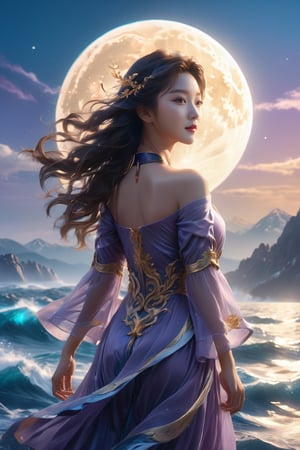 Best Quality, 8k, 32k, Masterpiece, UHD, background is a bright moon, wind, Beautiful, high qulity, cinematic colorgrade, Traditional Chinese elements, Blue sea, mountains, spindrift, Ripples spread out, High Renaissance, a girl, delicate face , off the shoulders, cleavage, smile looking viewer, (full body, soar into the air, riding the wind and waves), wearing light purple clothing,