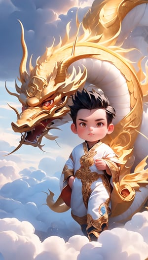 solo, short hair, black hair, red eyes, closed mouth, male focus, horns, chibi, dragon, ((A man walks on a golden dragon against a background surrounded by clouds)), (Lightning twines around),