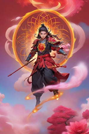 cinematic, ultra realistic, a little Chinese boy, lighting as part of human body, red armor, ((holding a spear on fire)), sparks and surges, good and clear facial features, (((light red aura flower of life as read geometry background))), ready to print, vibrant, Sci-fi, Leonardo Style, high_mountain, (step hot wheels), glowing aura, red strips of cloth are flying around, red strips embrace his silhouette, light particles,magic circle, (floating_aura:1.4), energy spiral, fantastic atmosphere, fantastic sense of light, science fiction, bloom, Bioluminescent, liquid, floating_fragments:1.3, (depth_of_field:1.4), mythical clouds, ((rainbow_cloud))
