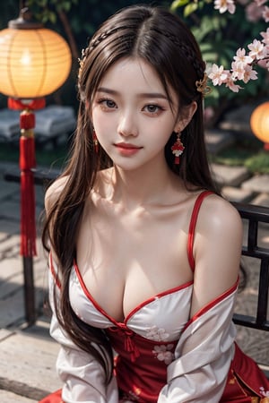 2girls, kpop idol, yae miko, bare shoulders, long hair, Chinese bikini qipao , best quality, (hair ornament:1.35), jewelry, earrings, cherry blossoms, lantern light, depth of field, detailed face, face focus, ribbon_trim, (looking at viewer:1.25), nontraditional miko, shiny skin, long sleeves, big smile , thick lips, game cg, hands on lips, (blurry background:1.2), sitting, upper body, Chinese style,perfect