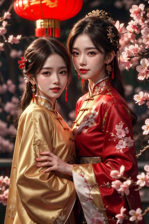 2girls, kpop idol, long hair, best quality, (hair ornament:1.35), jewelry, earrings, cherry blossoms, lantern light, depth of field, detailed face, face focus, ribbon_trim, (looking at viewer:1.25), shiny skin, long sleeves, smile , thick lips, (blurry background:1.2), full body, Chinese style, chinese dress,chinese dragon,chinese dress