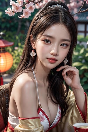 2girls, kpop idol, yae miko, bare shoulders, long hair, Chinese bikini qipao , best quality, (hair ornament:1.35), jewelry, earrings, cherry blossoms, lantern light, depth of field, detailed face, face focus, ribbon_trim, (looking at viewer:1.25), nontraditional miko, shiny skin, long sleeves, big smile , thick lips, game cg, hands on lips, (blurry background:1.2), sitting, upper body, Chinese style,