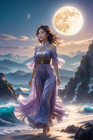 Best Quality, 8k, 32k, Masterpiece, UHD, background is a bright moon, wind, Beautiful, high qulity, cinematic colorgrade, Traditional Chinese elements, Blue sea, mountains, spindrift, Ripples spread out, High Renaissance, a girl, delicate face , off the shoulders, cleavage, smile looking viewer, (full body, soar into the air), wearing light purple clothing,