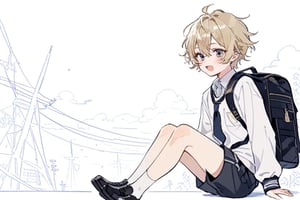 1boy, cute,ikemen,schoolboy,
masterpiece, best quality,aesthetic,light blonde,cheerful round eyes,pale, fluffy short messy hair with bangs, boy, shota, dolly eyes, shorts, uniform,  backpack