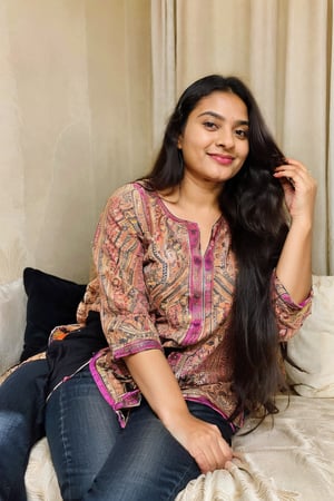 beautiful cute young attractive indian teenage girl, village girl, 50 years old, face wrinkels, Instagram model, long black_hair, colorful hair, warm, dacing, in home sit at bed, indian,salwar, Standing in the room