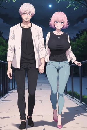 (1girl and 1boy,full_body,boy tall than girl,boy holding one hands with girl),high quality,extremely detailed,best quality,((satoru_gojo:gloomy:grandblue_eyes:white_hair:strong:white_jacket:black_long_pants)),
((lucid:pink_short_hair:pink_eyes:seductive_smile:blush:big_tits:wearing_Casual_Wear)),in park at night,