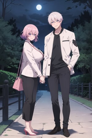 high quality,extremely detailed,best quality,(1girl+1man:full_body,_tall_than_girl,holding_one_hands,
lucid:pink_short_hair:pink_eyes:seductive_smile:blush:big_tits:wearing_Casual_Wear,satoru_gojo:grand_blue_eyes:white_hair:strong:white_jacket:black_long_pants:1.1),in park at night,