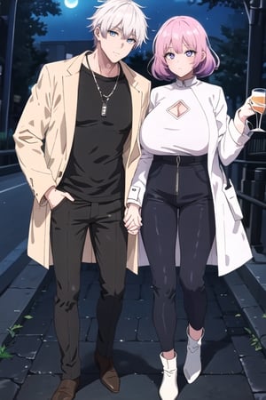 2person,full_body,masterpiece, best quality,satoru_gojo_190cm_gloomy_highres_high quality_extremely_detailed_grandblue_eyes_white_skin_grim_white_hair,white_coat_unzipped_black_pants,clothing_cutout,(holding one hands with_1girl),lucid,pink_hair,160cm,pink_eyes&huge_tits,Casual Wear