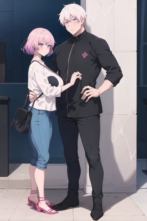 2people,(full_body),masterpiecehigh quality,extremely_detailed,best quality,1man_(satoru_gojo),tall_180cm_gloomy_grandblue_eyes,white_skin,grim,white_hair,black_pants,clothing_cutout,
[1man_holding one hands with_1girl],
(lucid)_pink_short_hair,tall_160cm,(pink_eyes_(seductive_smile:0.3),blush,huge_tits_wearing_Casual Wear)