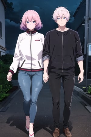 2person,full_body,masterpiece, best quality,satoru_gojo,190cm,gloomy,highres,high quality,extremely detailed,grandblue eyes,white_skin,grim,white_hair,white_coat_unzipped,black_pants,clothing cutout,(holding one hands with_1girl),lucid,pink_hair,160cm,pink_eyes&huge_tits,Casual Wear